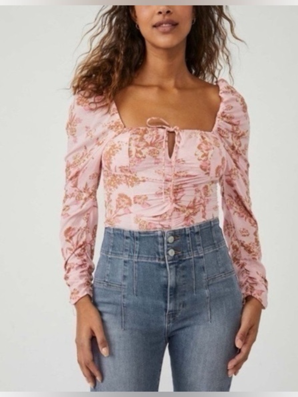 Free People Hilary Printed Top in Pink Combo  Floral Print Peasant Bohemian XS